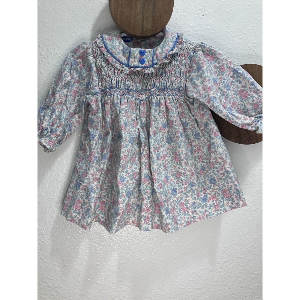 Vintage Polly Flinders Long Sleeve Smocked Toddler Dress 12 Months Blue Floral